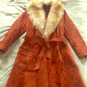 Vintage suede coat with faux fur collar